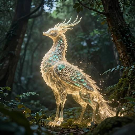 Photograph of a glowing, mythical, deer-like creature with intricate, neon blue patterns and ethereal light in a dark, forested background.