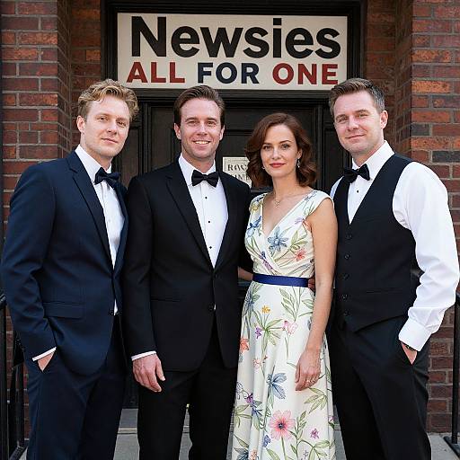 Photograph of four formal attendees standing before a 