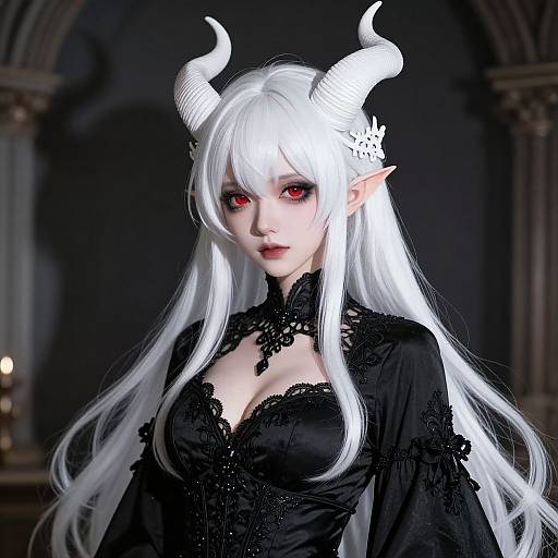 Digital artwork of a pale-skinned, white-haired demon woman with red eyes, black lace dress, and white horns in a dark Gothic archway.