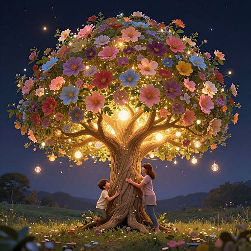 Digital artwork of a glowing, flower-covered tree with fairy lights, under a starry night sky. Two people hug its trunk, surrounded by colorful flowers