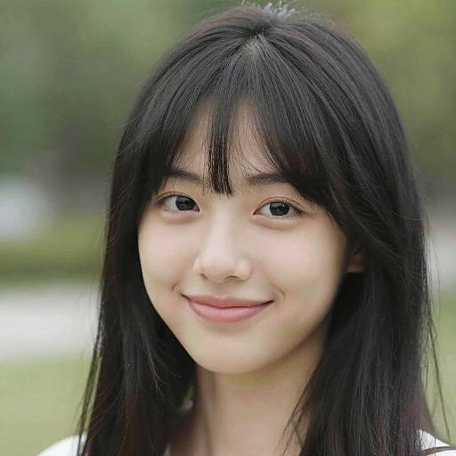 Photograph of a young Asian woman with long black hair, bangs, and a slight smile, standing outdoors with a blurred green background.