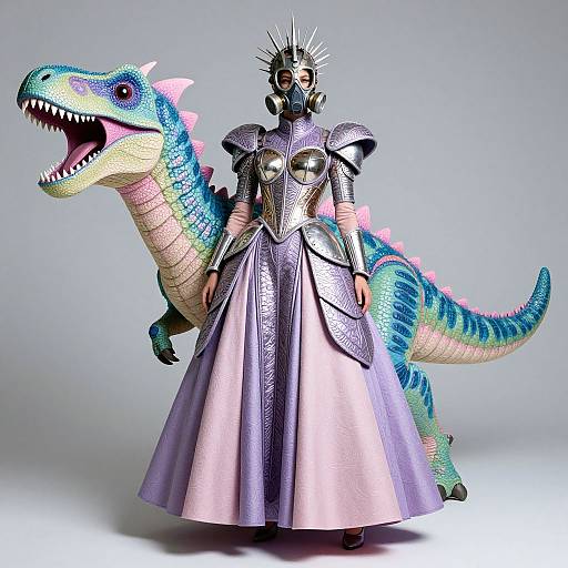 Photograph of a futuristic, armored figure in a lavender gown, standing beside a vibrant, blue-and-pink dinosaur with sharp teeth.