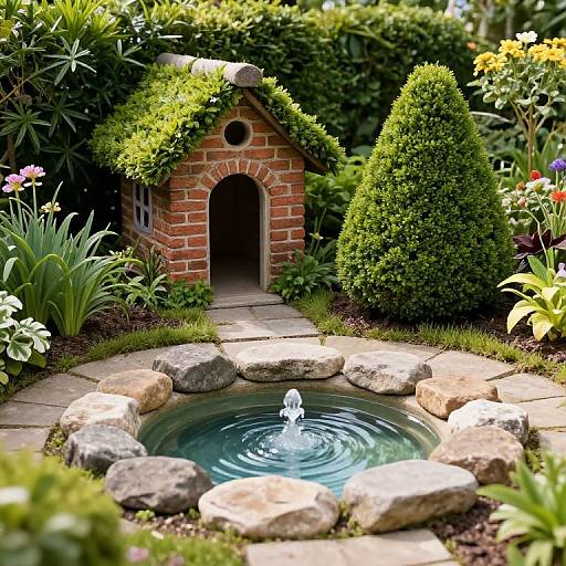 Photograph of a quaint red brick garden shed with a moss-covered roof, surrounded by lush greenery and flowers, with a circular stone-bordered water fountain