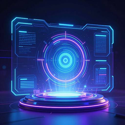 Neon blue holographic portal on a glowing, futuristic circular platform, surrounded by digital interface panels and holographic lines. Sci-fi CGI artwork.