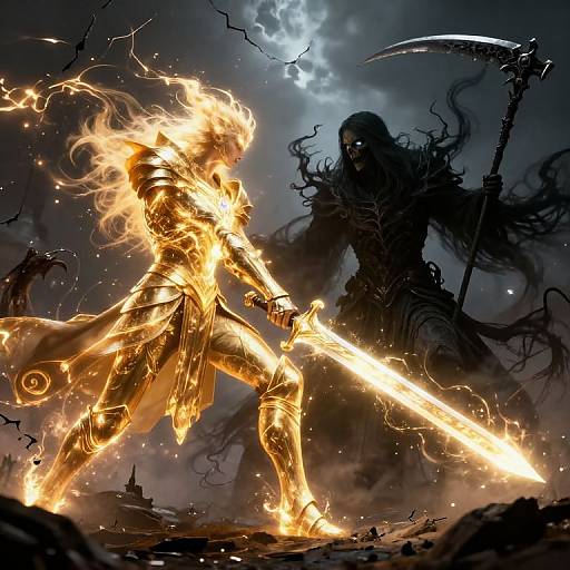 Digital artwork of a flaming, armored warrior with glowing sword, facing a shadowy, spectral figure with a scythe in a stormy sky.
