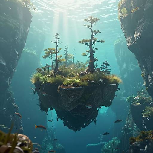 Photograph of a floating island with trees and moss, surrounded by underwater cliffs, sunlight filtering through, with small fish swimming nearby.