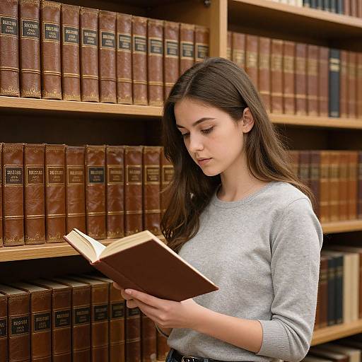 Young woman with long brown hair, wearing a gray sweater, reads a book in a library with wooden shelves filled with leather-bound books. Photograph.