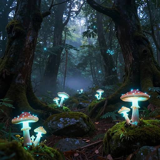 Glowing Neon Mushroom Forest Scene