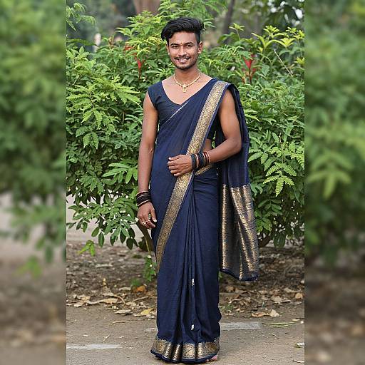 Photograph of a smiling, young South Asian man with dark hair, wearing a navy blue sari with gold trim, black bangles, and gold