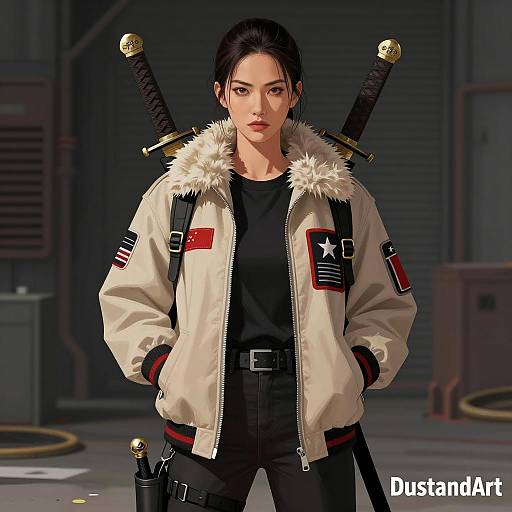 Digital Illustration of Asian Woman with Swords