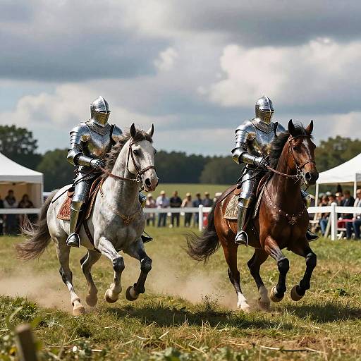 Photograph of two armored knights on galloping horses, one white and one brown, in a grassy field with a cloudy sky and spectators in