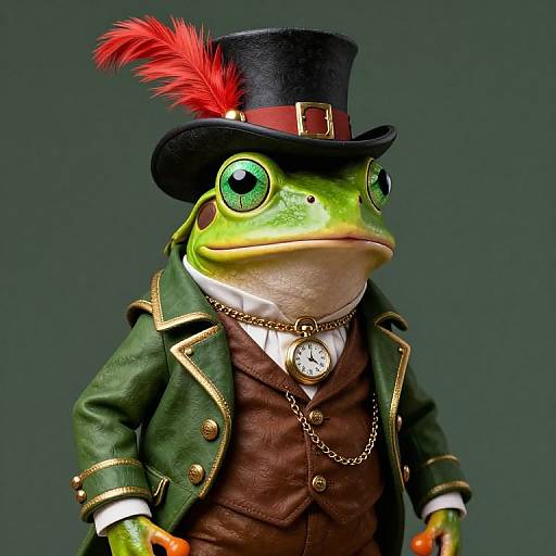 Photorealistic CGI of a green frog wearing a black top hat with red feather, green Victorian jacket, brown vest, white shirt, and pocket watch