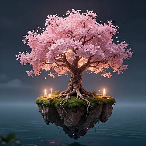 Digital artwork of a floating island with a glowing pink cherry tree, surrounded by candles, reflecting in calm water.