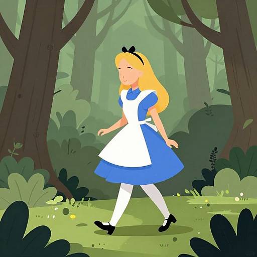 Digital illustration of a blonde Alice in Wonderland wearing a blue dress, white apron, and black shoes, walking through a lush forest.