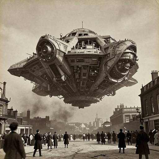Black-and-white CGI image of a massive, futuristic, steampunk-style airship hovering above a bustling, Victorian-era street filled with people.