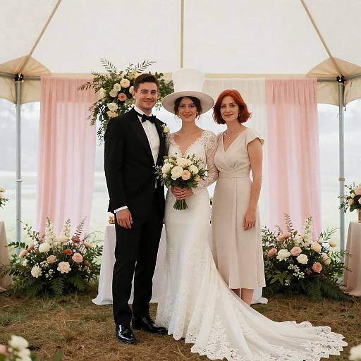 Joyful Wedding Portrait in a Tent