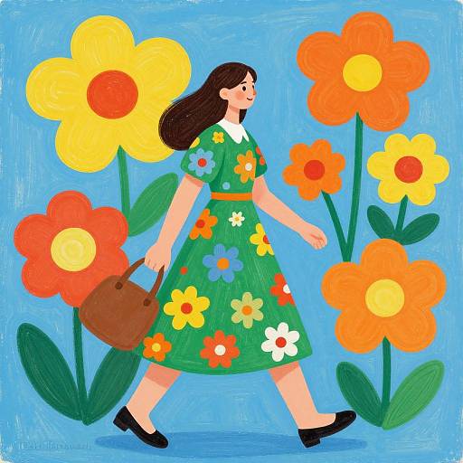 Joyful Woman Walking Among Flowers