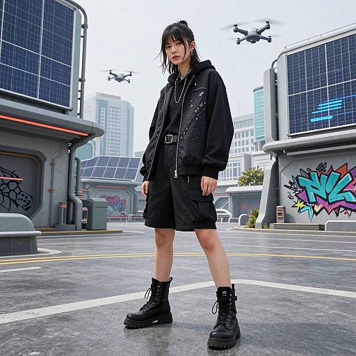 Photograph of a young Asian woman with black hair in a ponytail, wearing a black oversized hoodie, shorts, and combat boots, standing in a