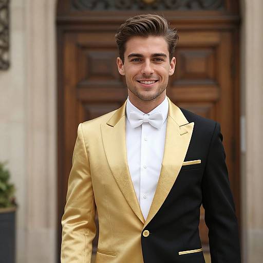 Photograph of a smiling man in a gold and black tuxedo with a white shirt and bow tie, standing in front of a wooden door.