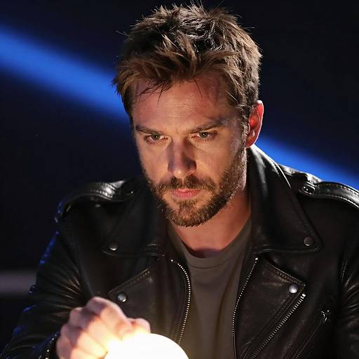 Intense Man with Glowing Object at Night