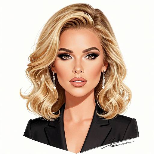 Digital portrait of a blonde woman with wavy hair, wearing black blazer, diamond earrings, and subtle makeup, looking directly at viewer.