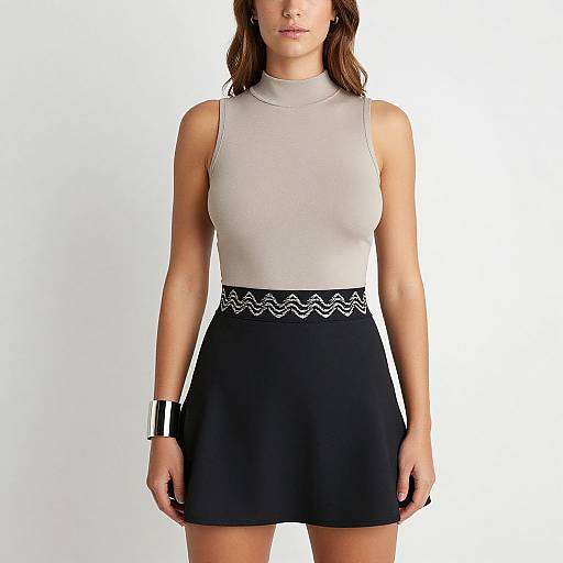 Photograph of a woman with light brown hair wearing a sleeveless, high-neck, beige top and black skirt with white zigzag trim, standing against