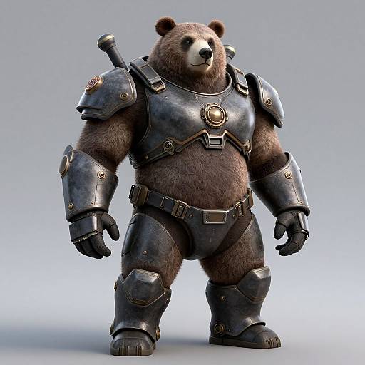CGI image of a muscular, anthropomorphic bear in dark, medieval-style armor with shoulder pauldrons, chest plate, and sword sheath on