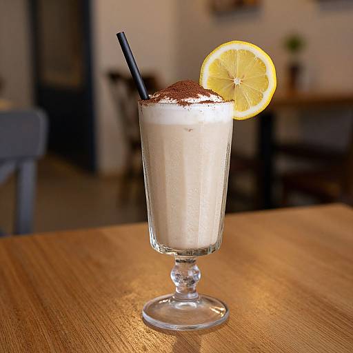 Photograph of a clear, frosty glass drink topped with cocoa powder, a lemon slice, and a black straw on a wooden table. Blurred