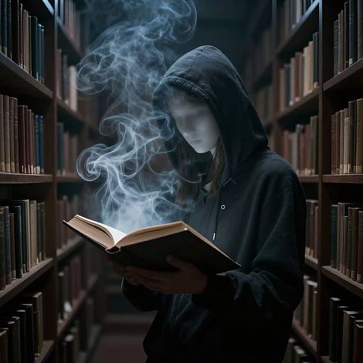 Photograph of a pale, hooded figure in a dark hoodie, reading an illuminated book with blue smoke swirling around it, in a dimly lit