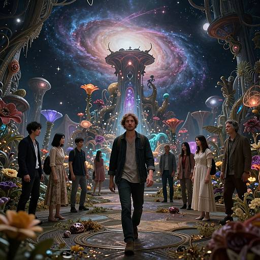 Fantasy sci-fi scene: Group of diverse people in colorful, futuristic attire walk through a luminous, flower-filled garden, with a glowing, spiral