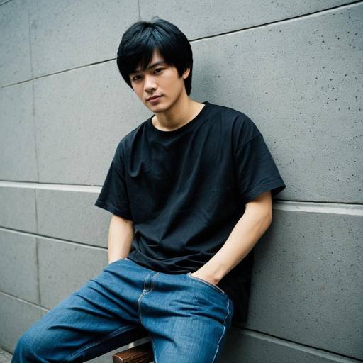 Young Man in Casual Black T-Shirt and Jeans