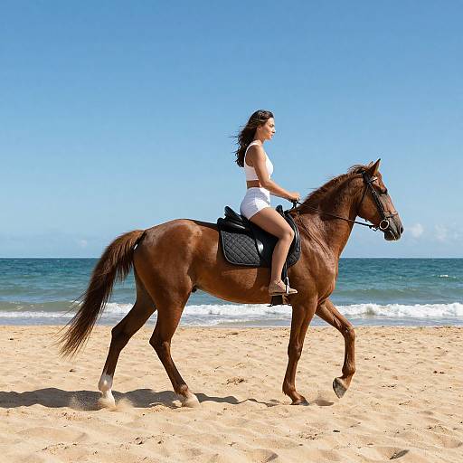 Photograph of a young woman with long dark hair riding a brown horse on a sunny beach with clear blue sky and ocean waves. She wears a white