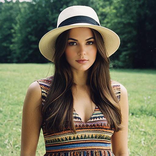 Young Woman in Patterned Dress and Hat Outdoors