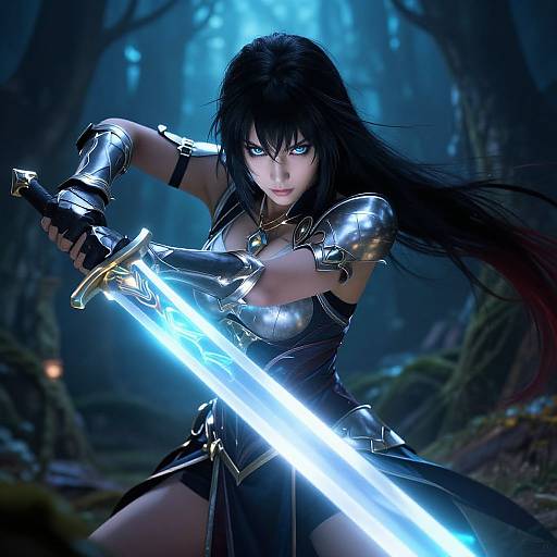 Digital artwork of a fierce, blue-eyed, black-haired warrior woman with glowing blue sword, wearing shiny silver armor in a dark, mystical forest.