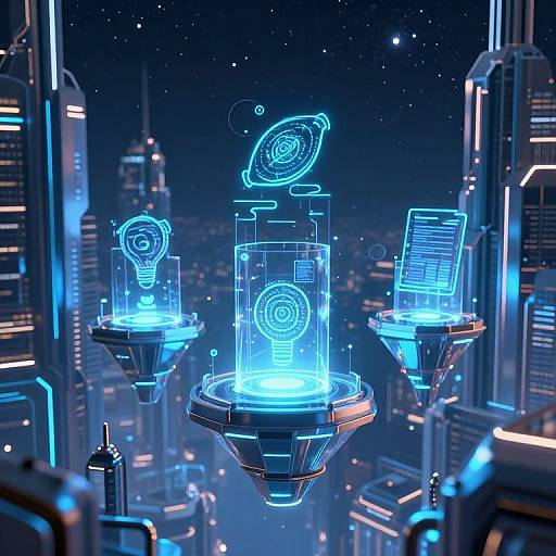 CGI futuristic cityscape at night with glowing blue floating holographic devices displaying atomic and planetary symbols, surrounded by illuminated skyscrapers.