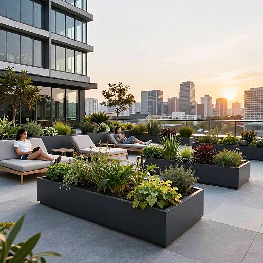 Urban Rooftop Garden at Sunset