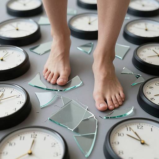 Surreal Bare Feet Among Broken Clocks