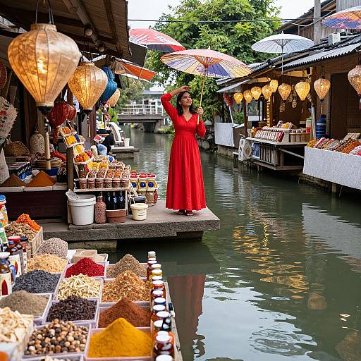 Photograph of a vibrant market stall on a canal, featuring a woman in a red dress holding an umbrella, surrounded by colorful spices, hanging lanterns