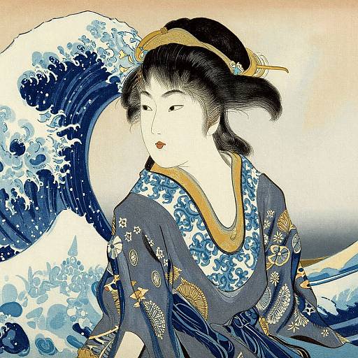 Traditional Japanese woodblock print of a samurai woman with black hair in an updo, wearing a blue floral kimono, facing turbulent ocean waves.