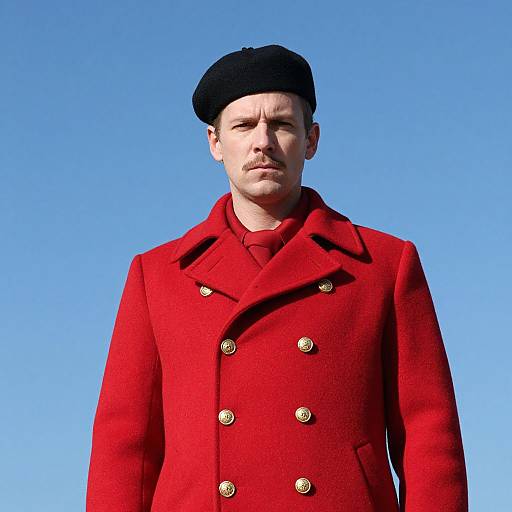 Photograph of a serious white man with fair skin wearing a black beret and vibrant red double-breasted coat against a clear blue sky.