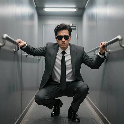 Mysterious Man in a Metallic Hallway