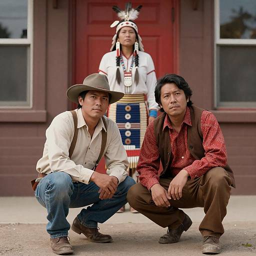 Western Men by Red Door with Native Woman