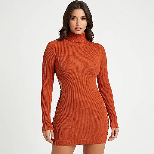 Photograph of a fair-skinned woman with long black hair wearing a form-fitting, ribbed, long-sleeve orange turtleneck mini
