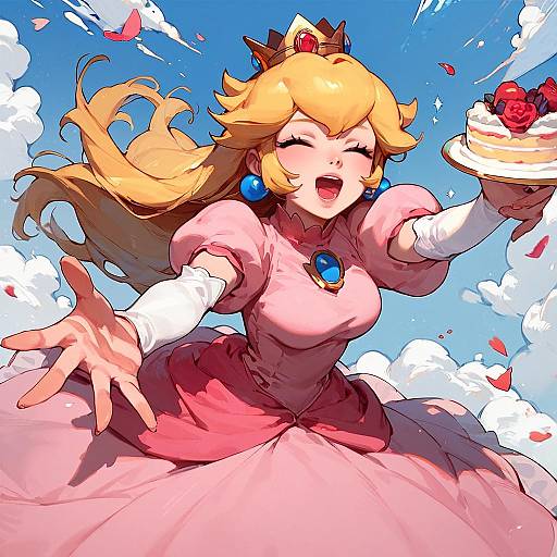 Princess Peach Holding Cake in Animated Style