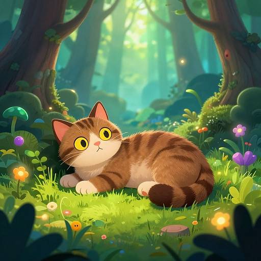 Digital illustration of a wide-eyed, brown tabby cat with yellow eyes lying in a sunlit, enchanted forest clearing filled with colorful mushrooms and flowers.