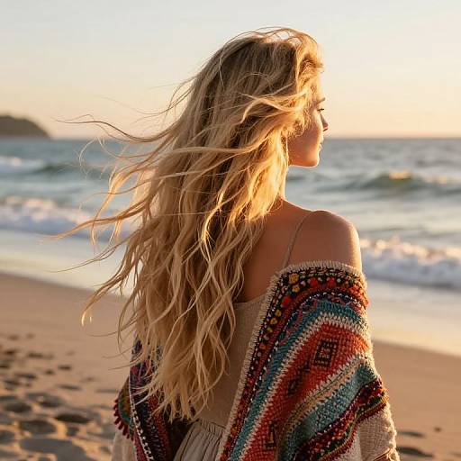 Blonde woman with wavy hair in colorful, patterned shawl stands on sunlit beach at sunset, waves gently crashing in background.