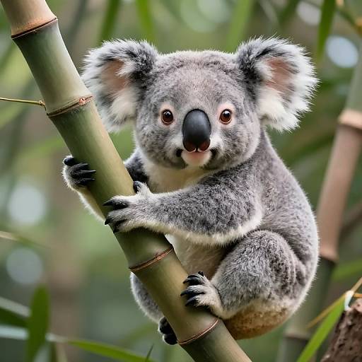 Photograph of a cute, fluffy gray koala with large white ears and black nose, clinging to a green bamboo branch in a sunlit forest.