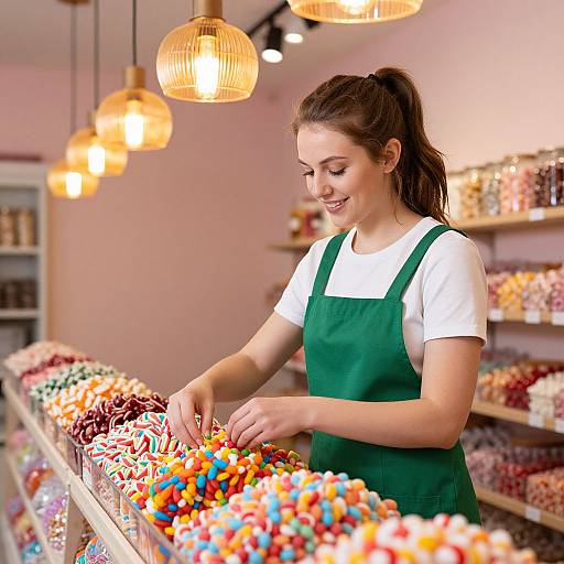 Photograph of a smiling young woman with brown hair in a green apron and white shirt, decorating colorful candies in a bright, warm candy store with