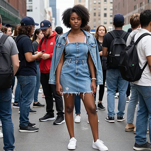 Photograph of a confident Black woman with curly hair, wearing a denim dress and jacket, white sneakers, standing in a crowded urban street. People in