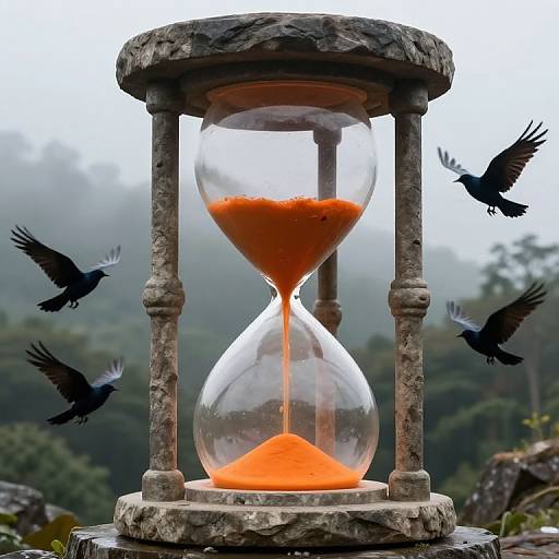 Photograph of an antique hourglass with flowing orange sand, surrounded by black birds in flight, set against a misty forest background.